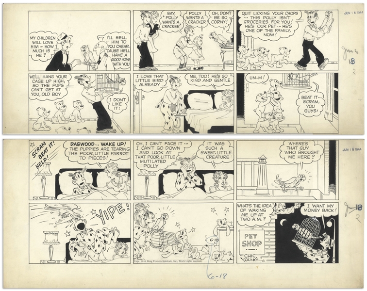 Chic Young Hand-Drawn ''Blondie'' Sunday Comic Strip From 1944 -- The Bumstead Family Get a Parrot!